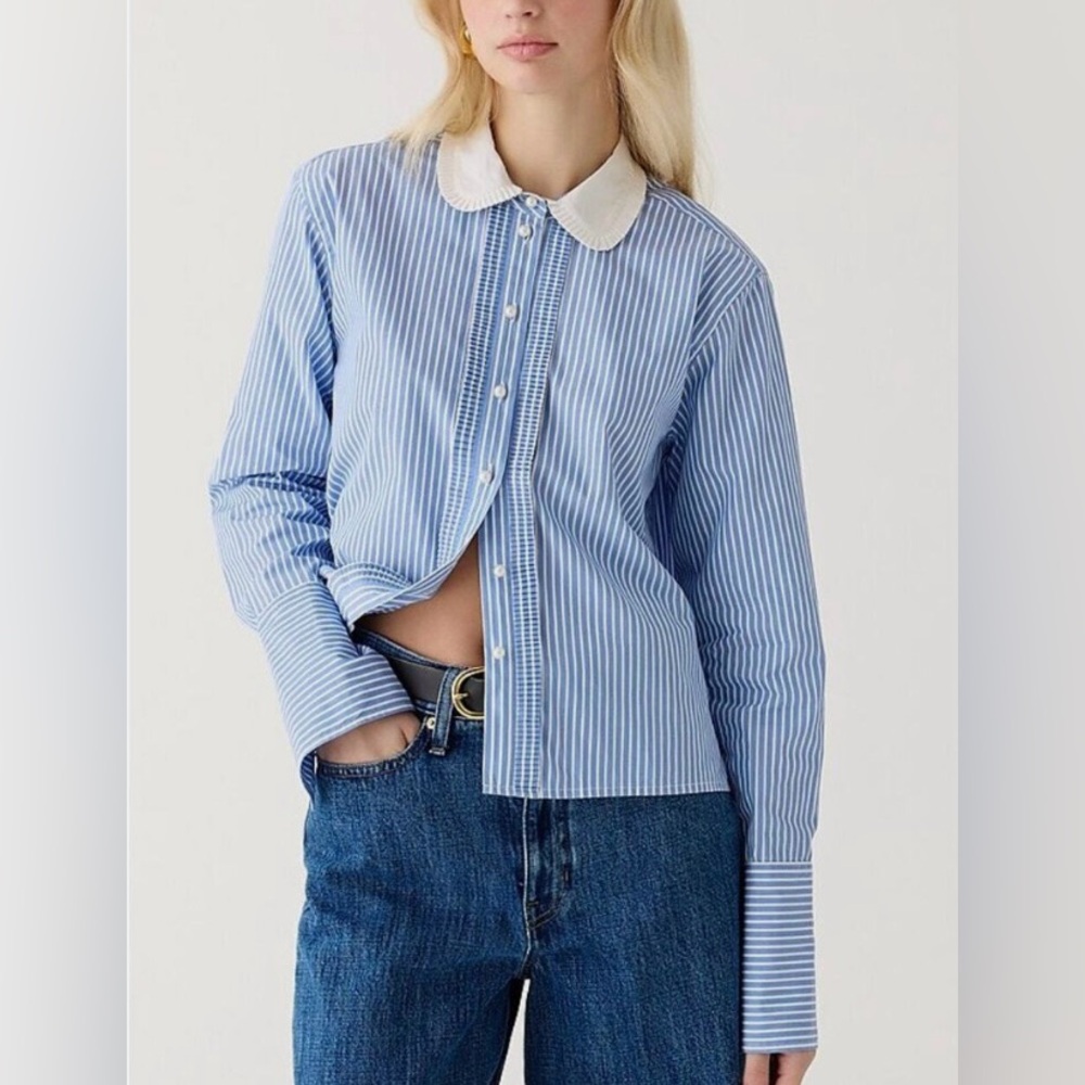 J. Crew Blue and White Striped Button-Up Shirt with Contrast Collar